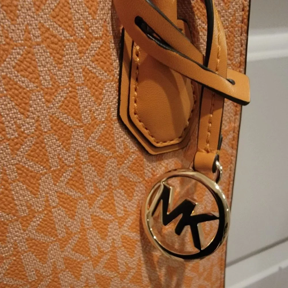 Michael Kors XS Crossbody Bag MK Monogram Orange Leather Mini Tote NWT